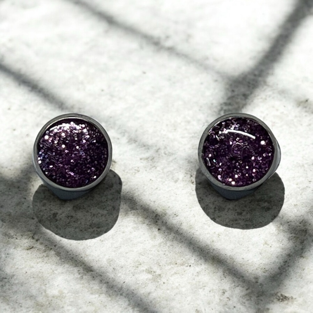 Stainless Steel Resin Purple Glitter Stud Earrings